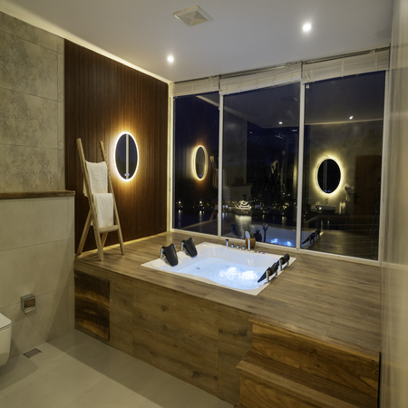 Mountain view hotel bathroom in Skardu